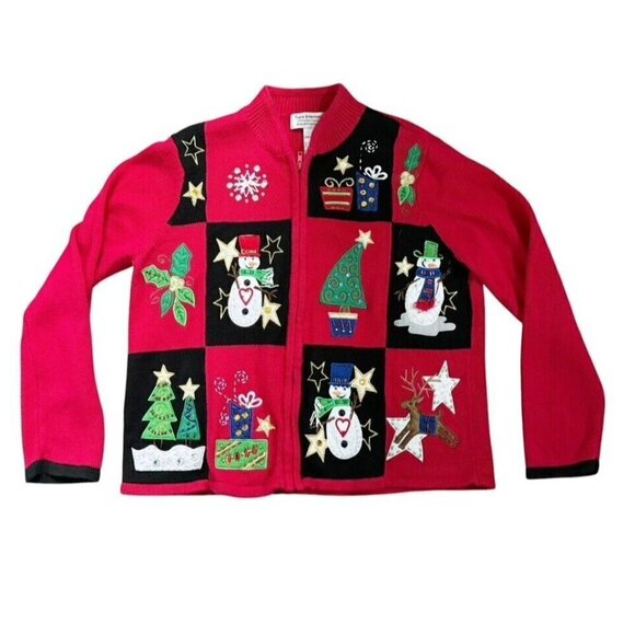 VTG Tiara International Womans Sz L Red White Snowmen Christmas Cardigan Sweater - Picture 13 of 13